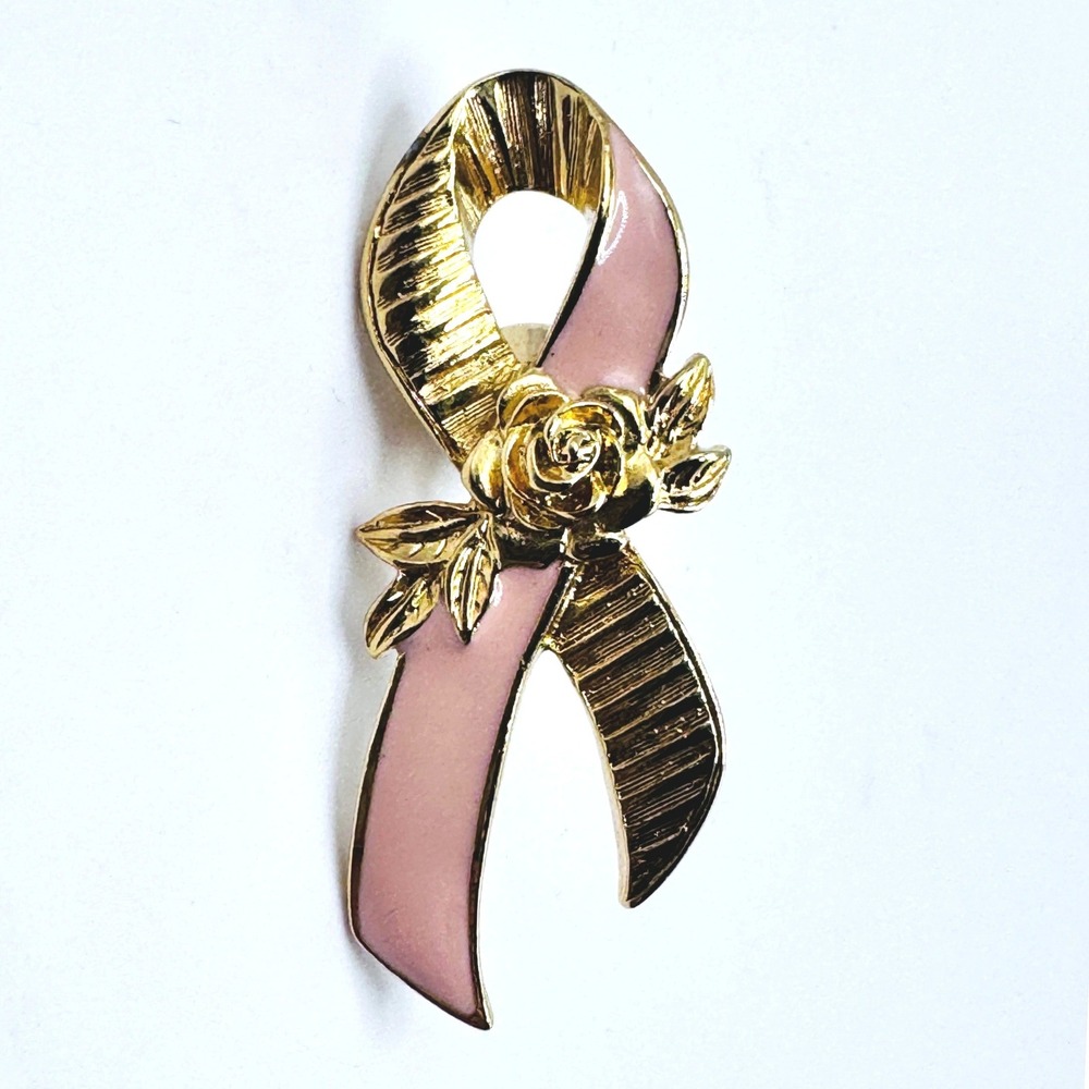 Avon Pink Ribbon Brooch Gold Tone Rose Floral Enamel Breast Cancer Awareness